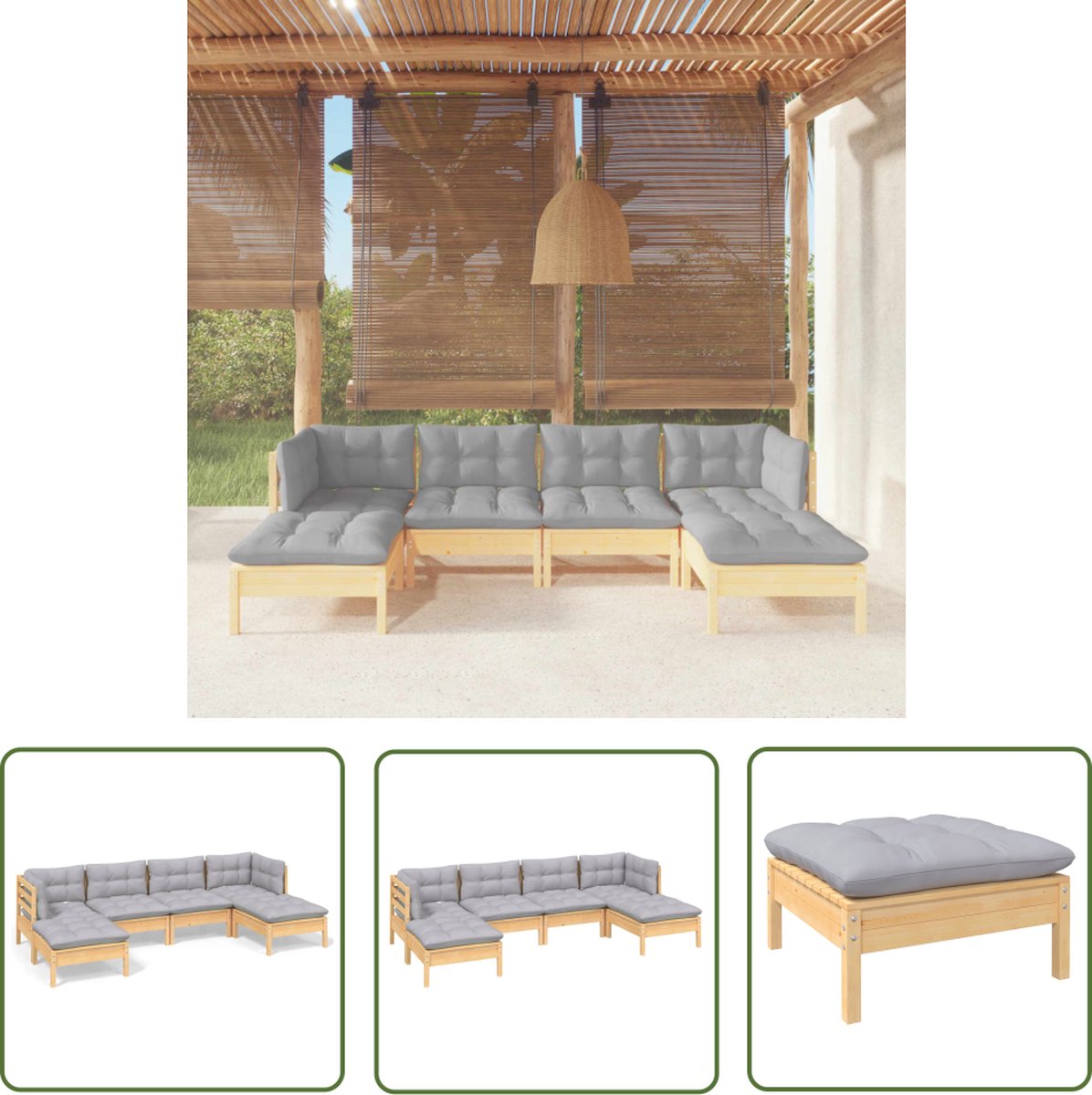 The Living Store 6-delige Loungeset met grijze kussens grenenhout - Loungeset - Tuinset - Hout Meubel - Grenenhout - Lounge Bank