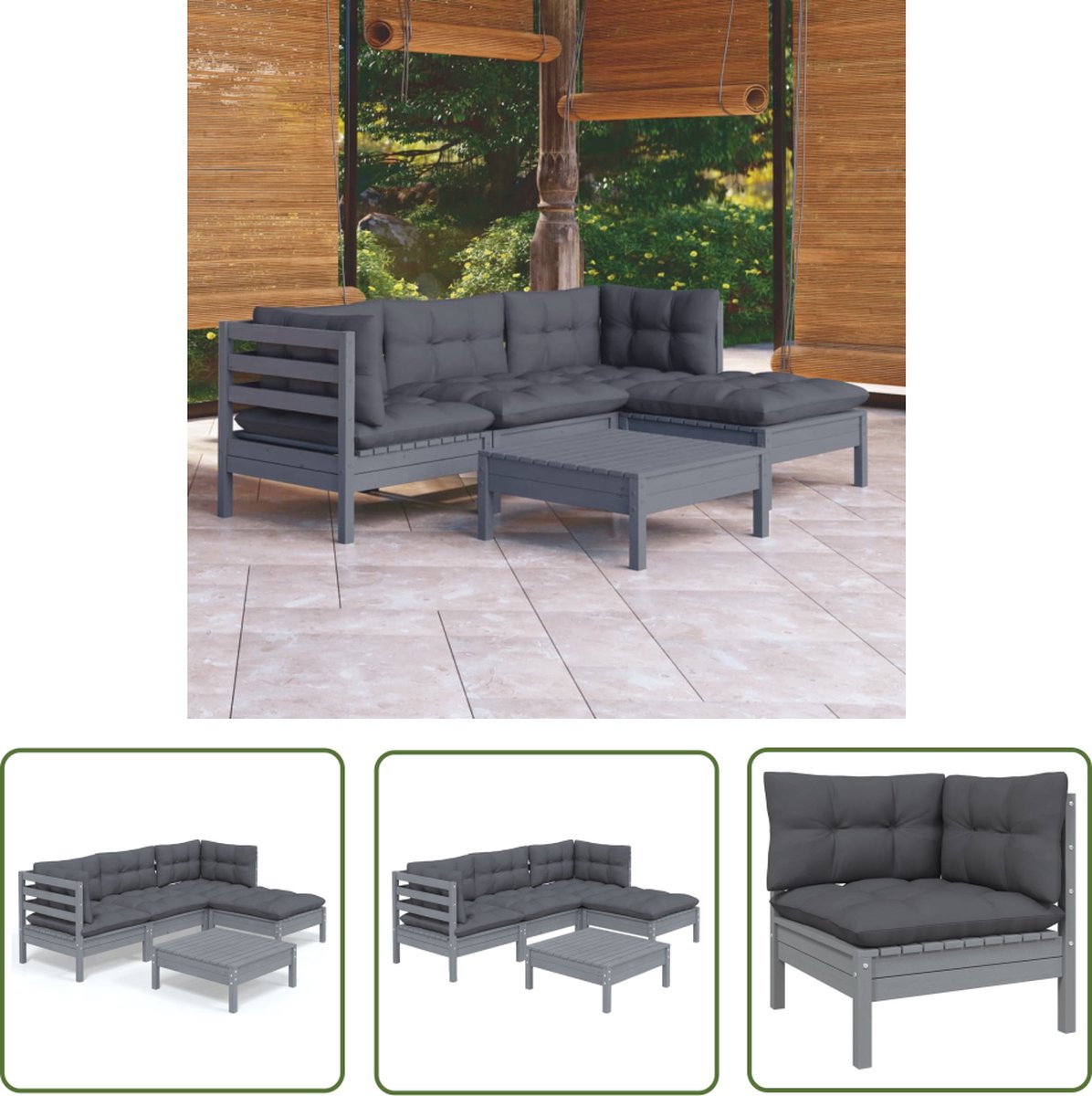 Grijze Loungeset van grenenhout met kussens - Tuinmeubel - The Living Store.