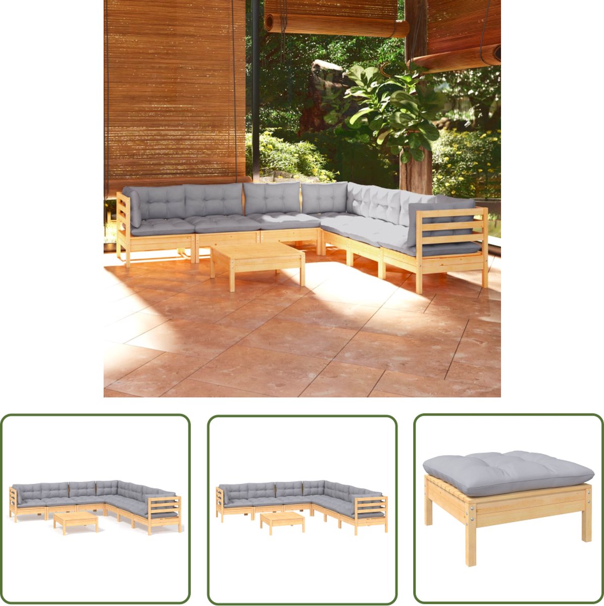 Tuin Loungeset met grijze kussens en grenenhouten frame.