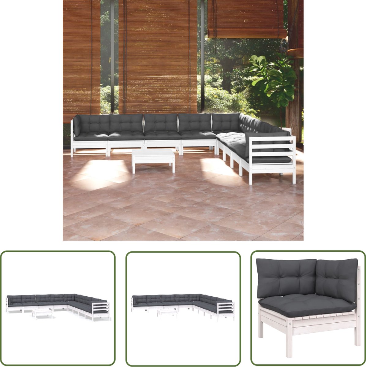 The Living Store 10-delige Loungeset met kussens massief grenenhout wit - Loungeset - Tuinset - Houten Lounge - Balkon Meubel - Buis Stoel
