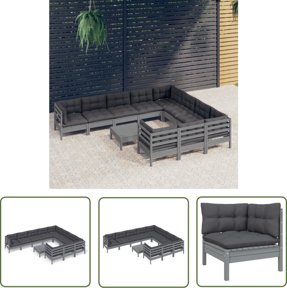 The Living Store 11-delige Loungeset met kussens grenenhout grijs - Loungeset - Tuinset - Tuinmeubels - Grenenhout - Lounge