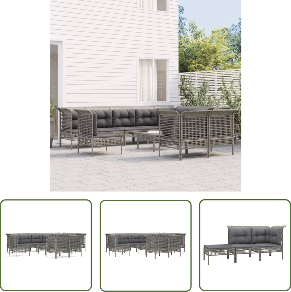 The Living Store 11-delige Loungeset met kussens poly rattan grijs - Loungeset - Tuinset - Lounge Set - Polyrattan - Buitendecoratie