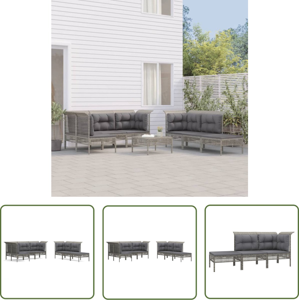The Living Store 10-delige Loungeset met kussens poly rattan grijs - Loungeset - Tuinset - Loungemeubels - Buitendecoratie - Patio Furniture