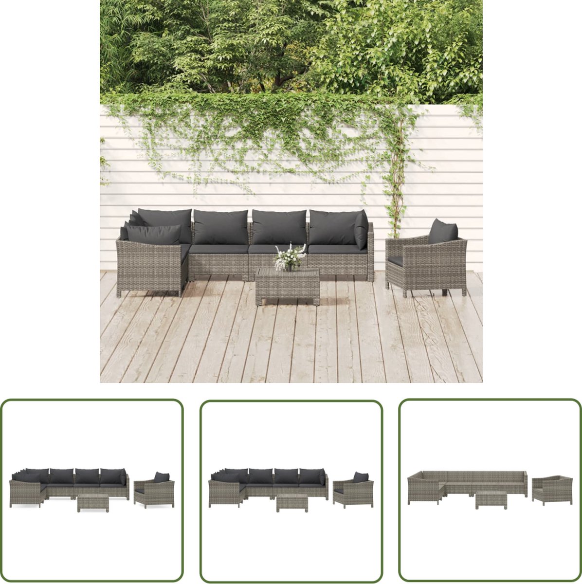 Loungeset met grijze kussens en poly rattan - Tuinset - PE-rattan.