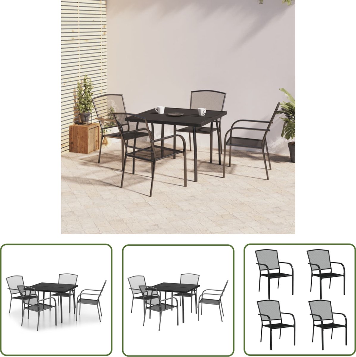 Antracietkleurige tuinset met tuinbank, buitentafel, lounge set en bistro set.