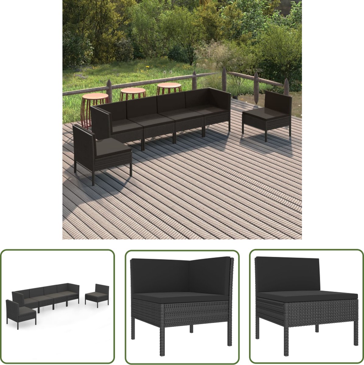 Zwarte poly rattan loungeset met kussens voor buitengebruik - Tuinmeubelen.