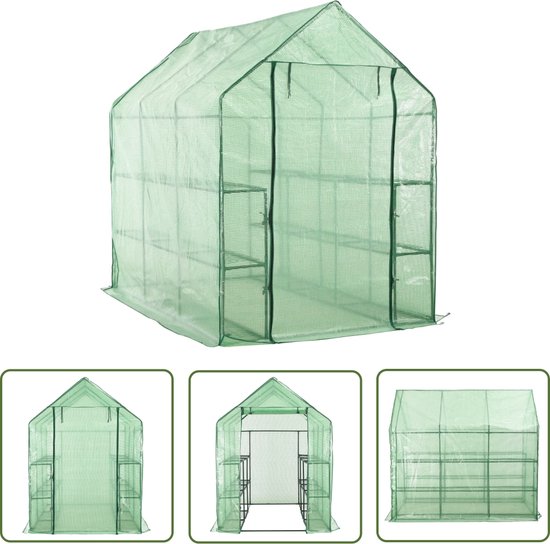 vidaXL Serre - Inloopkas - Inloopkas met 12 schappen 143x214x196 cm staal - Plantenkwekerij - Tuinhuis - Polyetheen