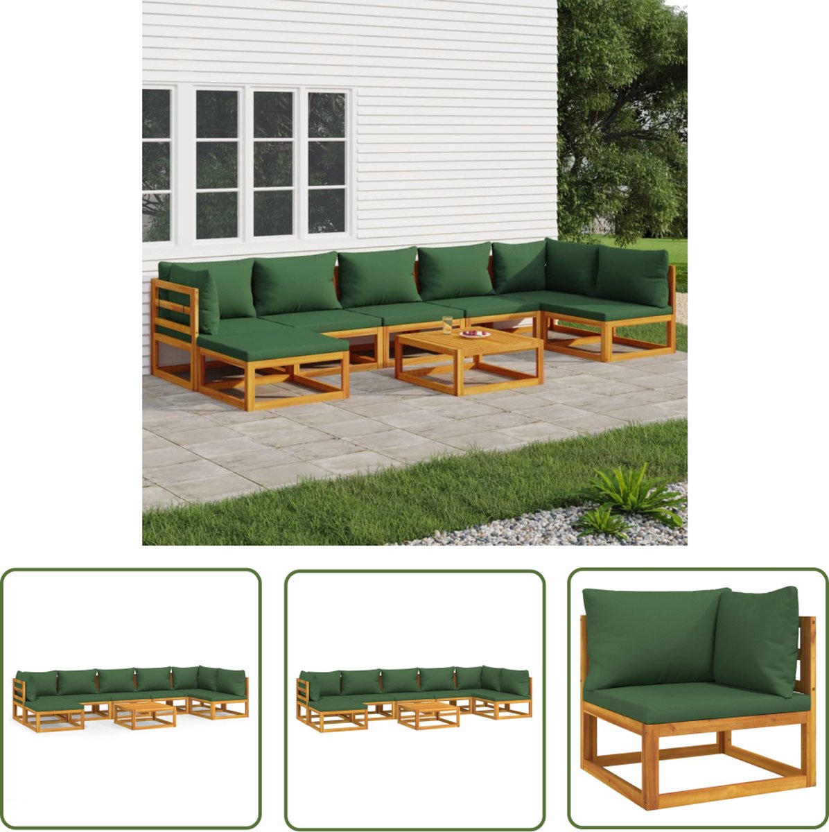 Tuin loungeset van massief hout met groene kussens en loungestoel.