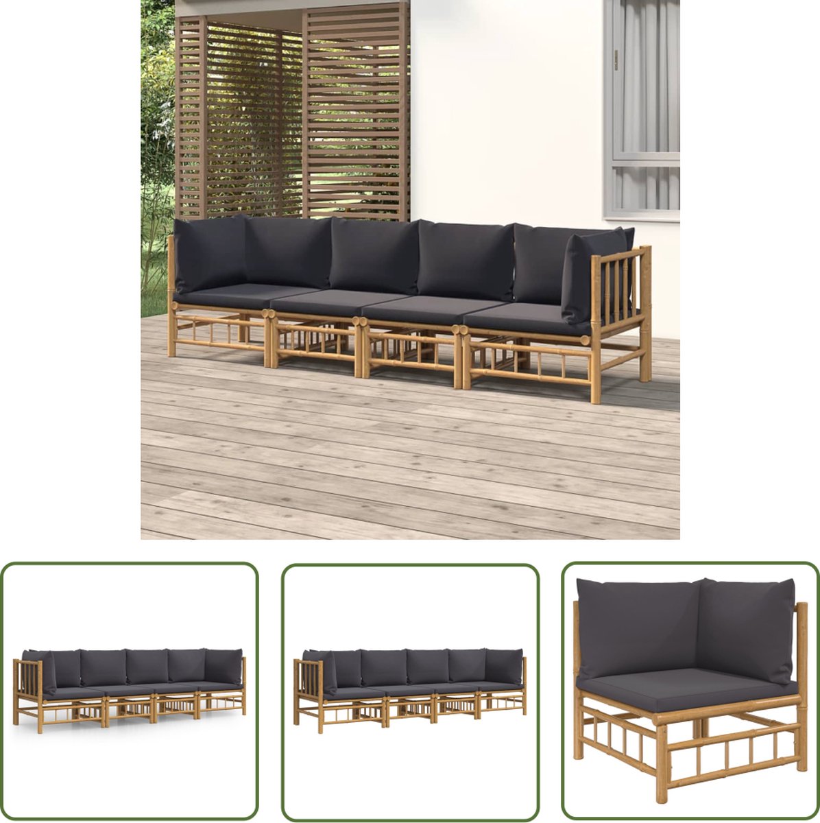 Bamboe loungeset met donkergrijze kussens - The Living Store.