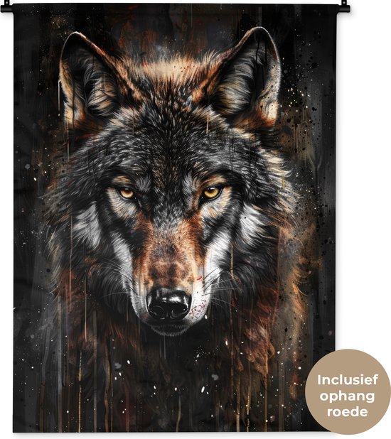 Gedetailleerd portret van een wolf met gele ogen en donkerbruine vacht, op zwart doek.