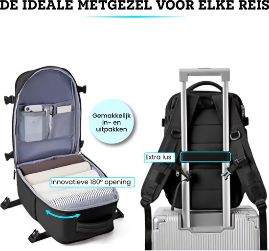 Zwarte rugzak met 180° opening voor gemakkelijk inpakken, extra lus om aan koffer te bevestigen.