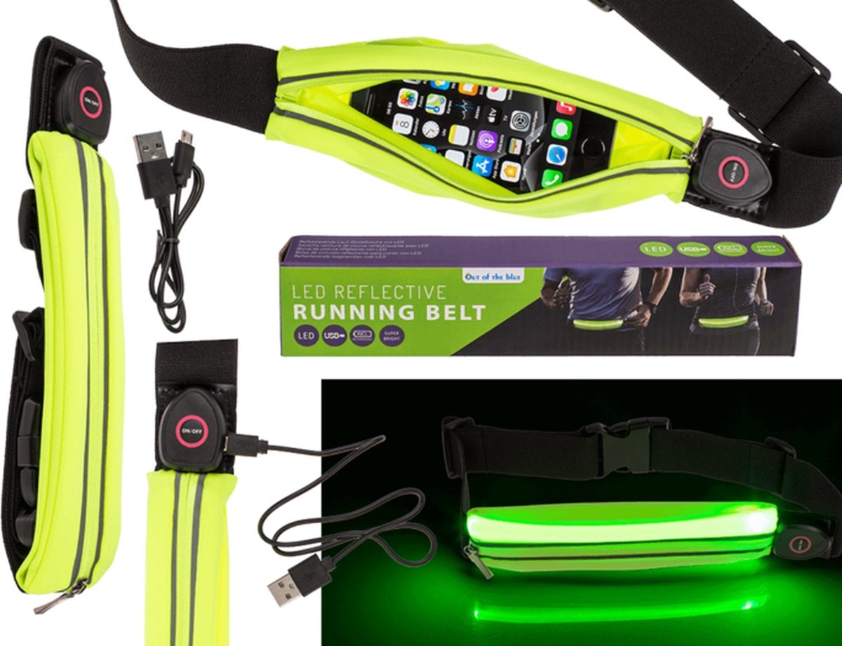 Hardloop Heuptas met LED Verlichting – Oplaadbaar – Geel – Verstelbaar – Polyester