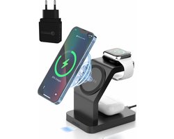 iSetchi Draadloze Oplader 3-in-1 - Geschikt voor MagSafe iPhone (8-16), Apple Watch & Airpods - Laadstation - Qi Oplaadstation - 15W Wireless Fast Charger - Snellader