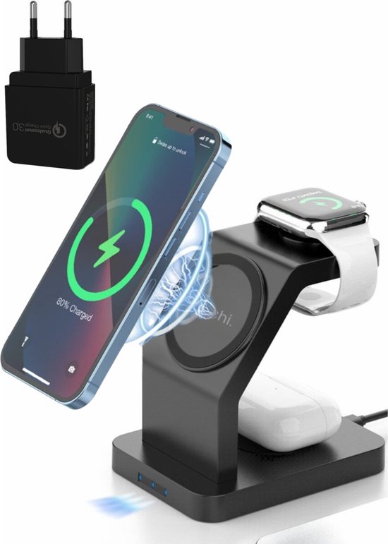 iSetchi Draadloze Oplader 3-in-1 - Geschikt voor MagSafe iPhone (8-16), Apple Watch & Airpods - Laadstation - Qi Oplaadstation - 15W Wireless Fast Charger - Snellader