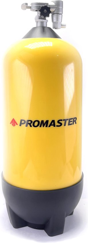 Gele duikfles met zwarte basis en zilverkleurige klep. Promaster logo.