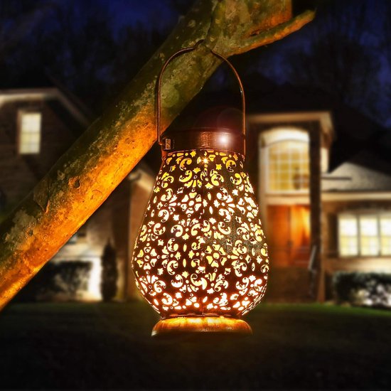 Lantaarn op zonne-energie voor buiten, vintage metalen lampen op zonne- energie voor buiten, warmwit, IP65 waterdicht, hangend, tuindecoratie, zonnelamp/led-zonnelamp voor buiten, veranda, gazon, erf