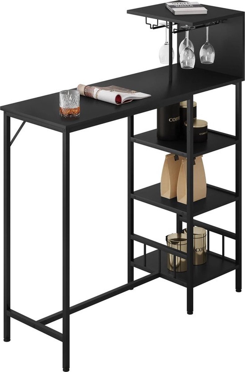 Mrs. Jones Bartafel Industriële console Bistrotafel met 2 glazen houders 4 Planken Slanke toonbanktafel Bijzettafel Bar tafel Zwart
