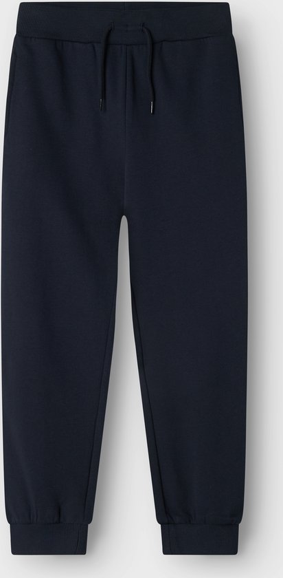 Donkerblauwe joggingbroek met trekkoord en elastische boorden aan de onderkant.