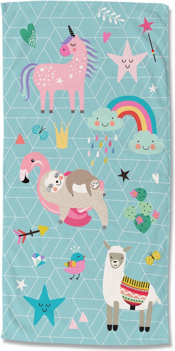 Good Morning Kinderstrandlaken "dieren en regenbogen" - Aqua - (75x150 cm) - Microfiber