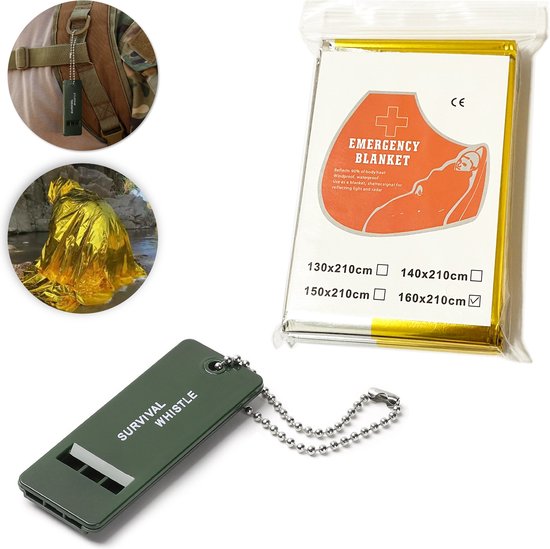 Donkergroene noodfluit met ketting, naast een gouden reddingsdeken. Tekst: SURVIVAL WHISTLE.