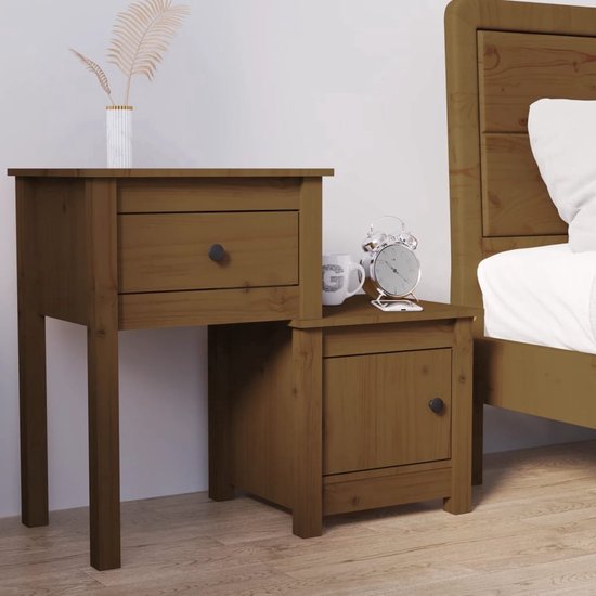 The Living Store Table de chevet Bois de pin - Trendy - Massief - 79,5 x 38 x 65,5 cm - Marron miel