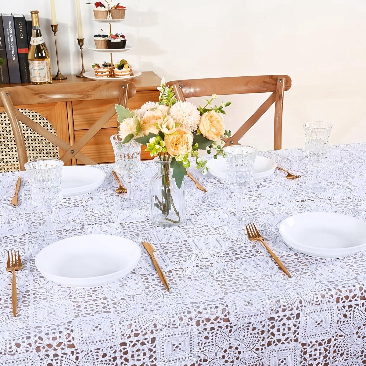 PVC tafelkleed, vintage Floral Lace Trimmed tafelkleed, water- en vlekbestendig tafelkleed, outdoor, regenbestendig, afwasbaar, restaurant, rechthoekig tafellinnen, wit, 140 x 200 cm
