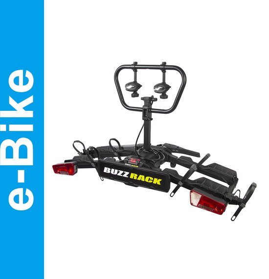 Porte-vélos BuzzRack noir pour vélos électriques, lettrage jaune, deux bras de fixation pour vélos et feux arrière rouges.