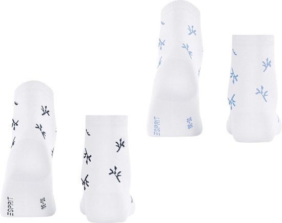 Witte enkelsokken, vier stuks, met zwart en lichtblauw takjesmotief.