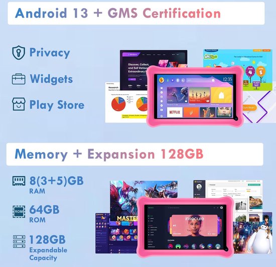 Tablet voor kinderen, 7 inch, Android 11, tablet met 6 GB RAM, 64 GB ROM (TF 128 GB), vooraf geïnstalleerde apps, ouderlijk toezicht, bluetooth, wifi, GMS-gecertificeerde tablet met Kid-Proof