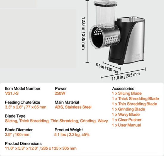 Râpe électrique Mercadome® - Râpe - Cutter - Nettoyage facile - Conception sûre - Incl. Cinq Couteaux en acier inoxydable - 250W - 285x135x305mm