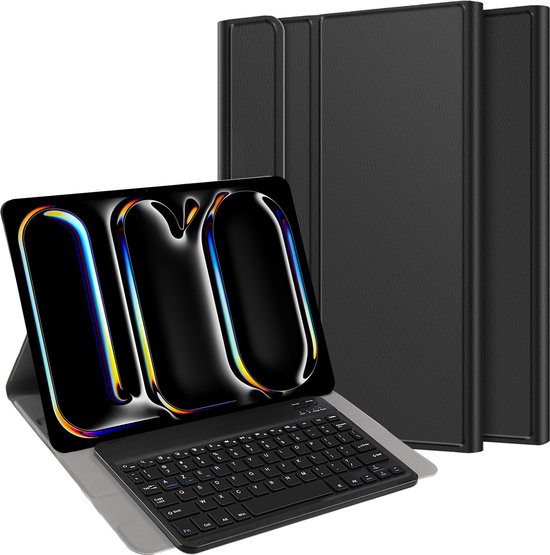 Support de tablette noir avec clavier et tablette verticale affichant un motif abstrait, avec des supports fermés en arrière-plan.