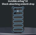 Zwarte telefoonhoes met 'invisible airbag' voor schokabsorptie en valbescherming.