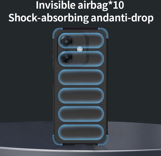 Zwarte telefoonhoes met 'invisible airbag' voor schokabsorptie en valbescherming.