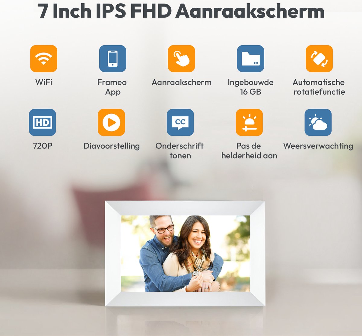 Digitale fotolijst met WiFi en Frameo App - 7 inch IPS Display - Fotokader met Touchscreen - 32GB - Wit - Frameo digitale fotolijst - digitale fotokader - digitaal fotolijstje thumbnail 6