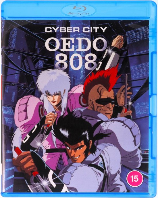 De voorkant van de Cyber City Oedo 808 Blu-ray met drie anime personages met punkkapsels, sci-fi kleding en een stedelijk, futuristisch decor.
