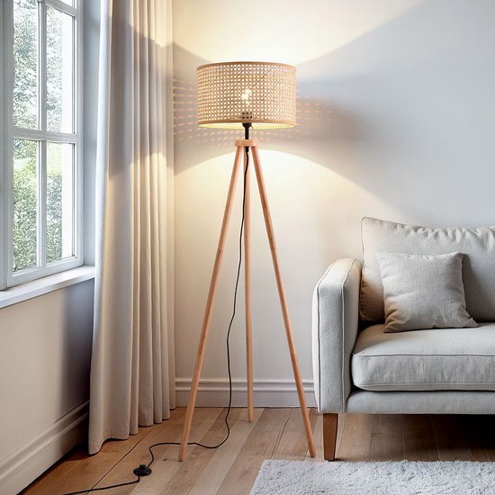 Houten vloerlamp driepoot met rotan kap - Vime