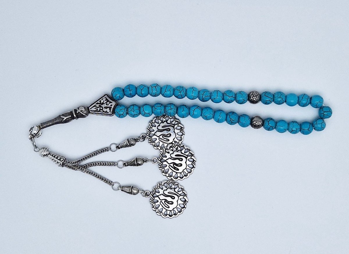 Handgemaakte tesbih "tasbih" natuursteen " Turkoois " - Aantal kralen 33 - Diameter kralen 8 MM - met metaal tassel "model 5" - Een mooi cadeau-idee