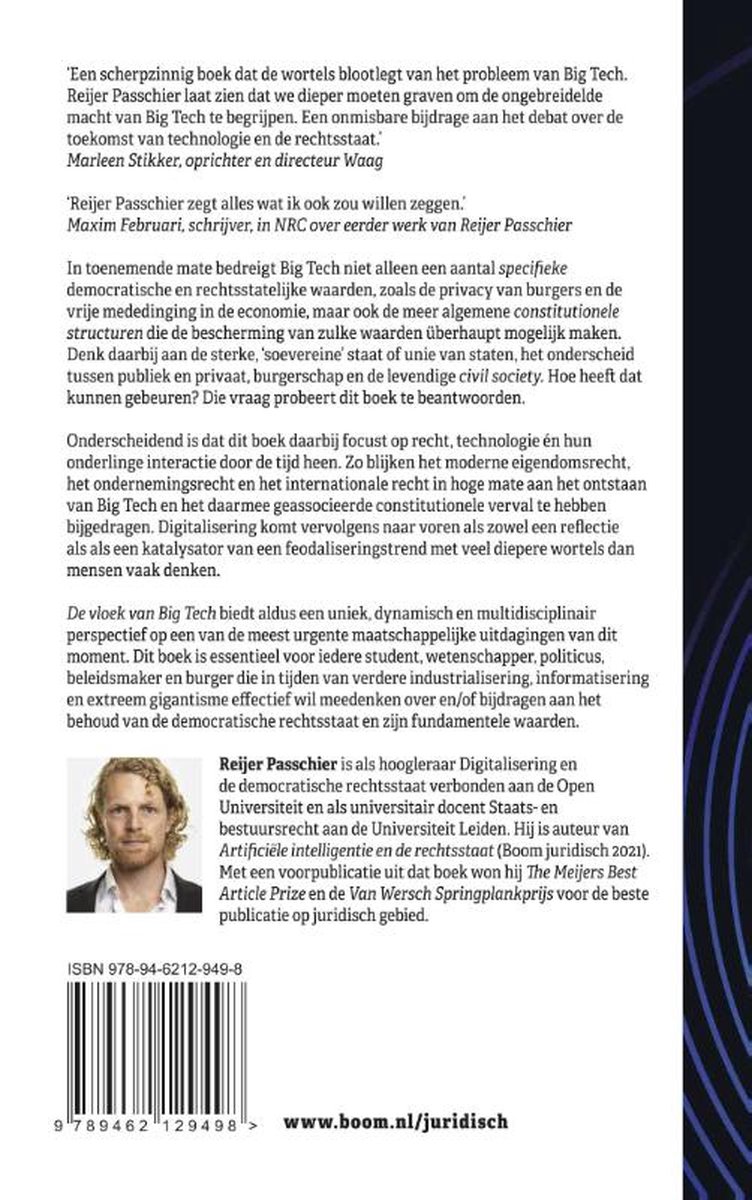 Achterkant van het boek 'De vloek van Big Tech' met tekst en een foto van de auteur Reijer Passchier.