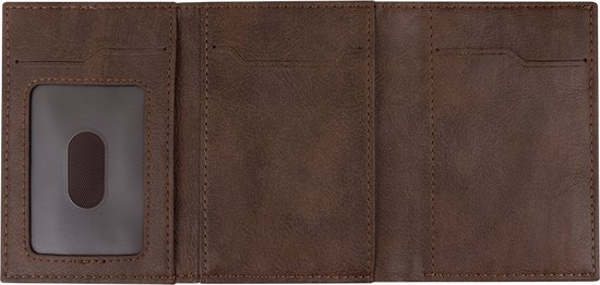 Bruine portemonnee, opengevouwen, met vak voor identiteitskaart en drie creditcardvakjes.
