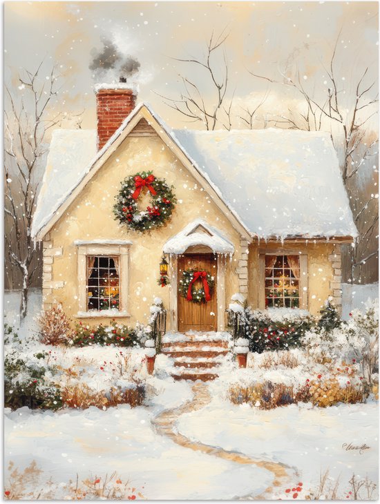 Poster 30x40 cm - Kerst - Huis - Winter - Sneeuw - Posters - Kamer decoratie - Wanddecoratie woonkamer - Muurdecoratie slaapkamer - Kerstversiering - Kerstdecoratie voor binnen - Kerstmis