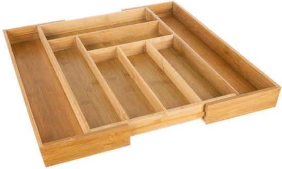 Range-couverts extensible en bambou avec 7 compartiments. Dimensions 45,5 x 33-50 x 5 cm.