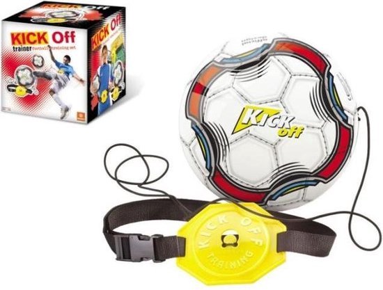 Voetbaltraining set: witte voetbal met rode en blauwe accenten, 'Kick Off'-logo. Gele trainingsband.