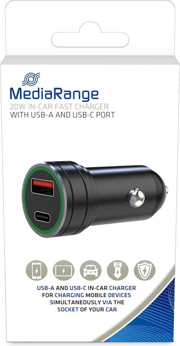MediaRange Autolader met 1 USB-A en 1 USB-C-aansluiting, autolader voor sigarettenaansteker, uitgang 3,4 A, compatibel met alle smartphones en tablets met micro-USB-poort