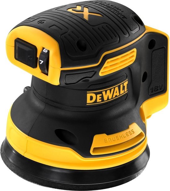 DeWalt 18V Brushless excenterschuurmachine met snelheidsinstelling en zwarte/gele behuizing.