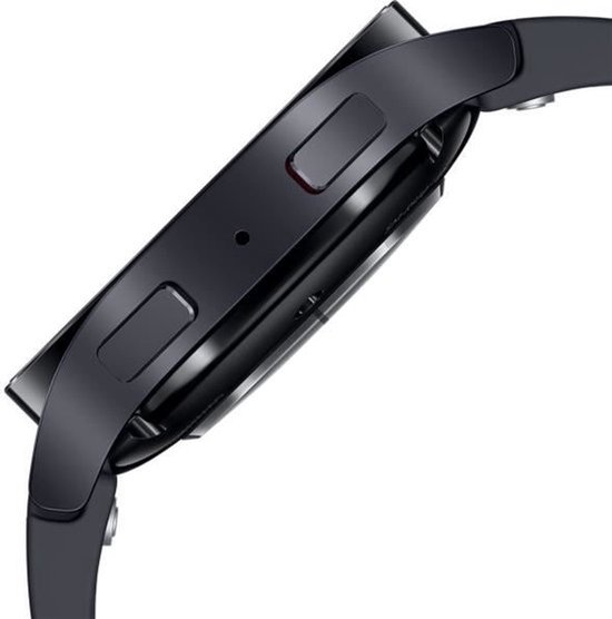 Samsung Galaxy Watch6 in grafietkleur, zijaanzicht, met rode accentknop en zwarte band.