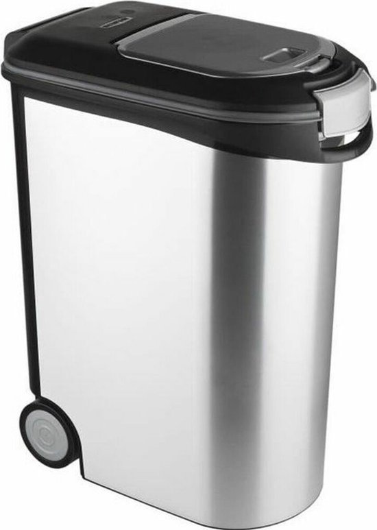 Zilverkleurige voedselcontainer met zwart deksel en grijze details, voorzien van wieltjes.