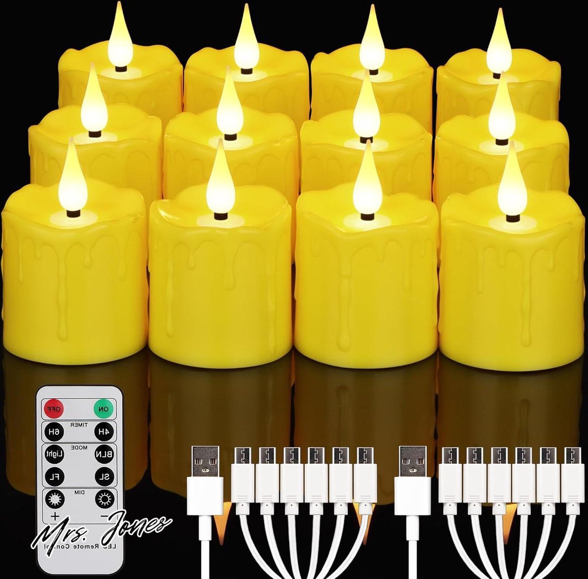 Mrs. Jones Oplaadbare LED Theelichtjes Geel Dimbaar Afstandsbediening Timer Flikkeren USB-Type-C Kabel Ø5cm . multi color