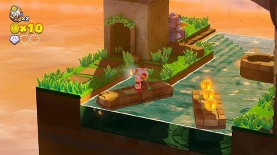 Toad loopt op een platform met water, munten op een rij. Zonsondergang met oranje lucht.