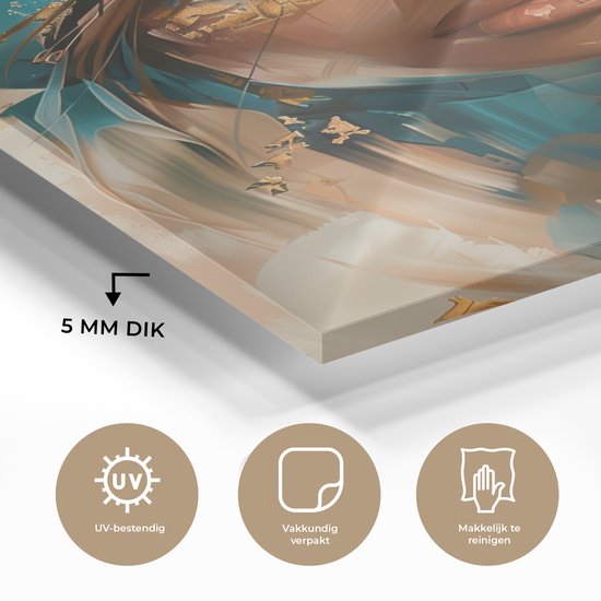 MuchoWow® Peinture sur verre 80x120 cm - Peinture sur verre acrylique - Femme - Portrait - Or - Luxe - Blauw - Photo sur verre - Décoration murale salon - Décoration murale chambre - Peintures
