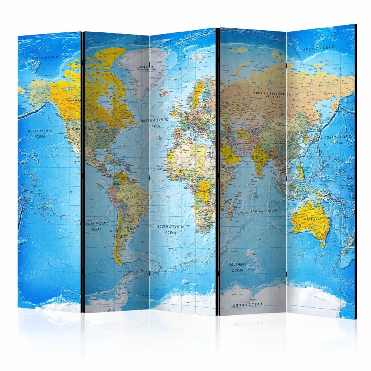 Vouwscherm - Wereldkaart 225x172cm , gemonteerd geleverd, dubbelzijdig geprint (kamerscherm)